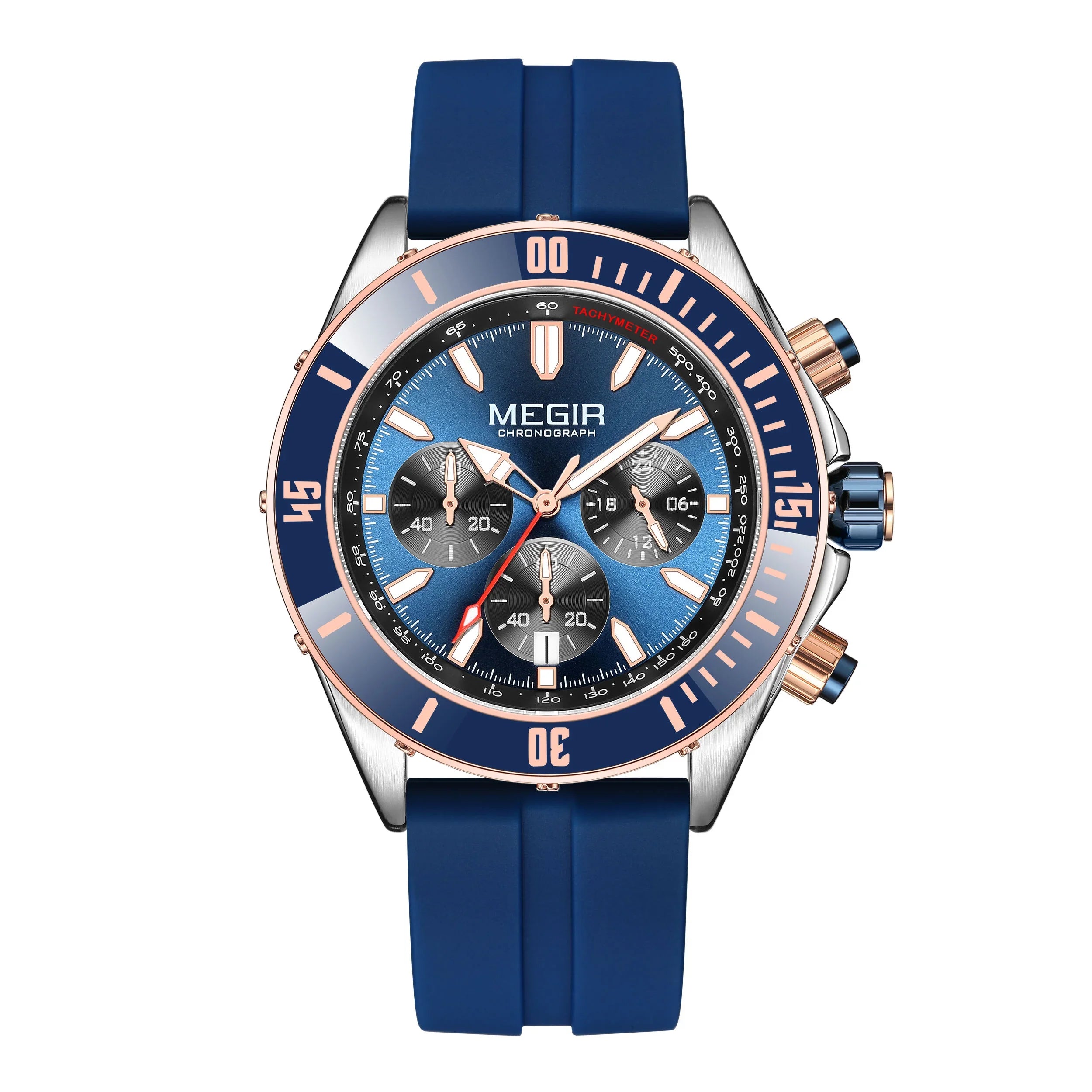 Blue racing-inspired chronograph watch with bold dial, tachymeter, and sport-luxury design