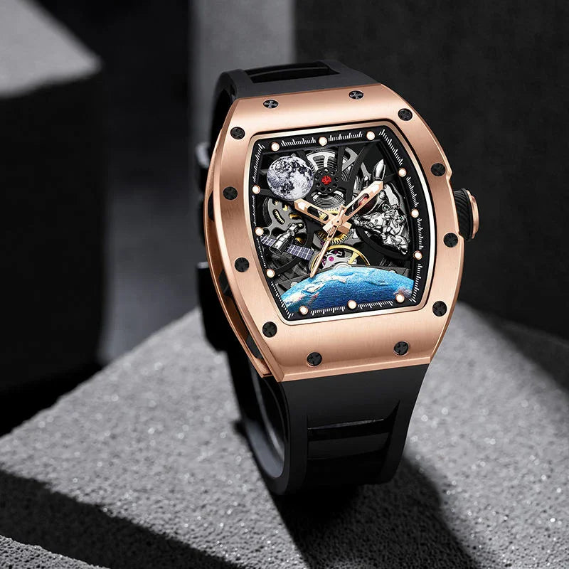 Luxury motorsport-inspired rose gold watch with skeleton dial, black strap, and intricate detailing