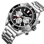 Racing-inspired stainless steel chronograph watch with bold black dial, sporty subdials, and tachymeter bezel