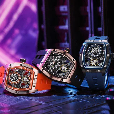 Motorsport-inspired sport-luxury watches with skeleton dials and bold straps in orange, black, and blue