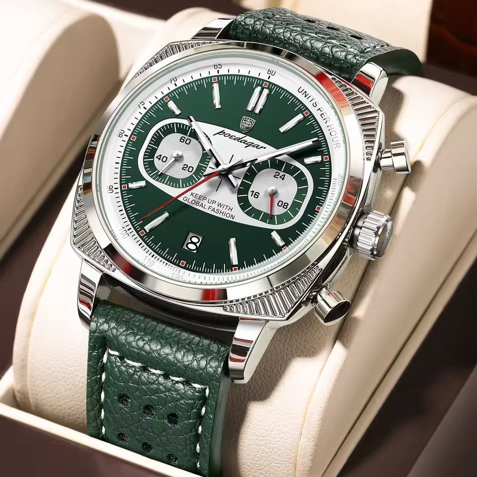 Green dial chronograph watch with textured leather strap, motorsport-inspired luxury timepiece