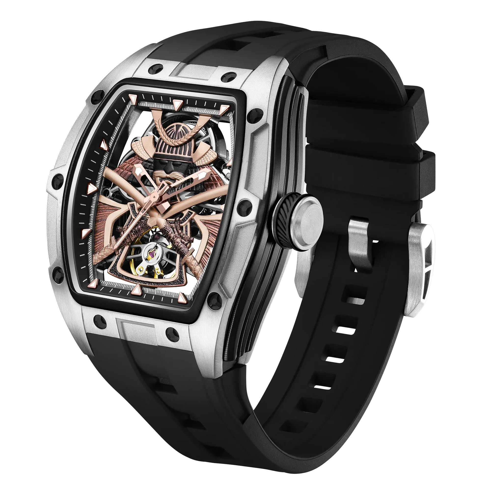 Luxury tonneau-shaped skeleton watch with exposed gears, rose gold accents, black rubber strap