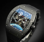 Luxury skeleton watch with Earth and moon dial, carbon fiber case, motorsport-inspired design