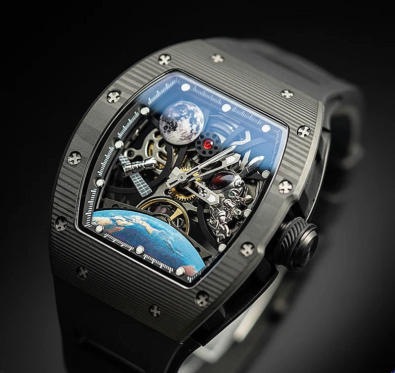 Luxury skeleton watch with Earth and moon dial, carbon fiber case, motorsport-inspired design
