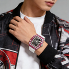 Bold skeleton watch with pink stripes, white strap, motorsport-inspired design for everyday luxury wear