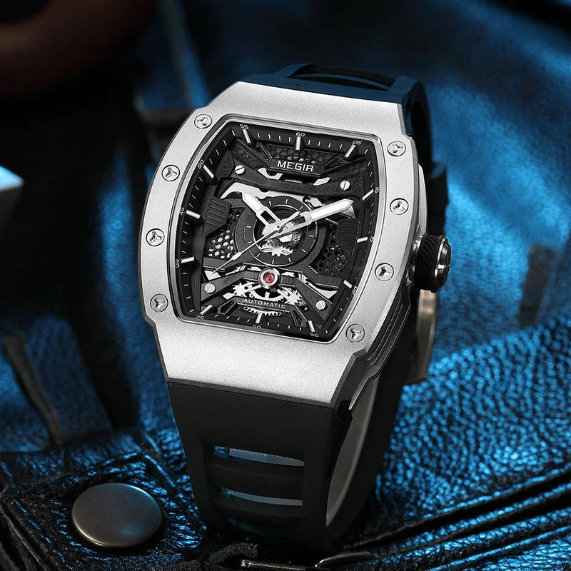 Skeleton dial luxury sport watch with tonneau case, inspired by motorsport performance
