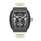 Motorsport-inspired skeleton dial watch with black case and white strap, automatic movement