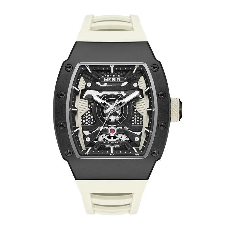 Motorsport-inspired skeleton dial watch with black case and white strap, automatic movement
