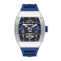 Luxury racing-inspired skeleton watch with blue strap, silver case, and visible automatic movement