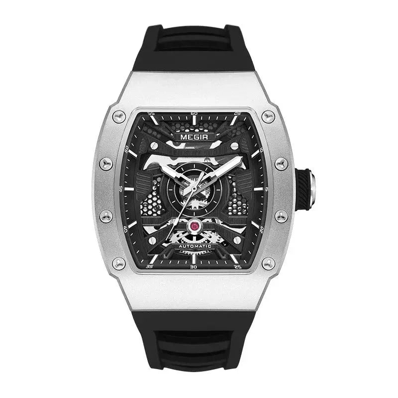 Motorsport-inspired skeleton watch with tonneau case, black strap, and exposed automatic movement