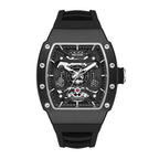 Racing-inspired sport-luxury watch with tonneau black case, skeleton dial, and rubber strap
